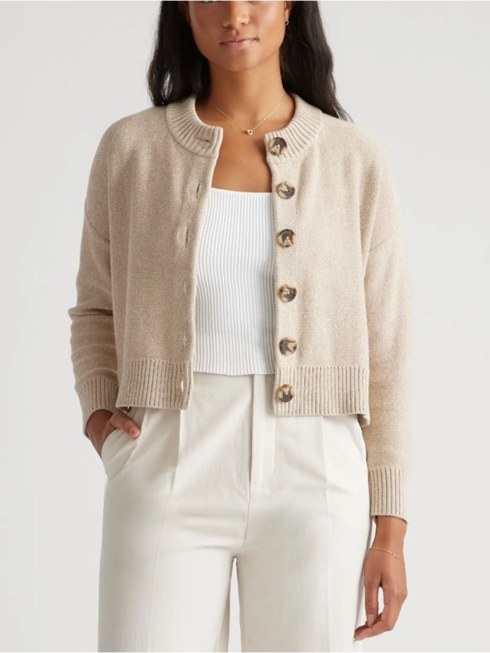 Quince Neutral Beige Cropped Button-Front Cardigan